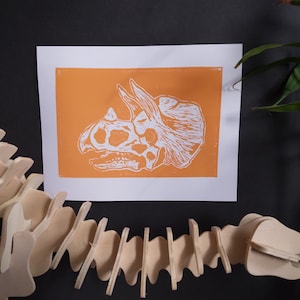 Handmade Linocut Print | Triceratps Skull | Dinosaur