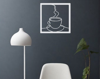 May include: A white floor lamp with a round shade sits next to a white chair with black legs. A small black side table with a potted plant sits in the corner of the room. A white framed wall art with a line drawing of a coffee cup with steam is on the wall.