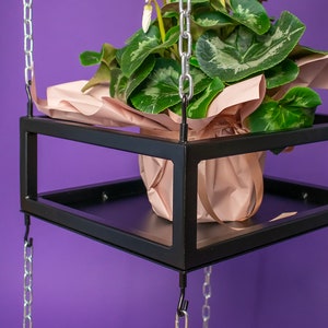 Peut inclure: Un pot de fleurs suspendu en métal noir avec deux étagères et des chaînes argentées. Une plante de cyclamen blanche est placée sur l'étagère supérieure, enveloppée de papier de soie rose.