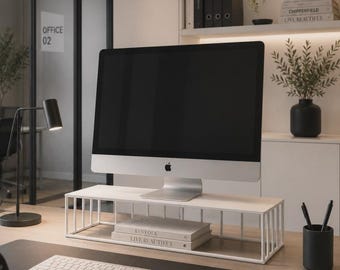 Supporto ergonomico in acciaio per monitor: rialzo minimalista per scrivania, ideale per PC o laptop.