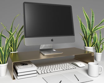 Supporto per monitor per computer, moderno ed elegante in acciaio, organizer da scrivania, in stile industriale.