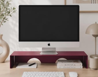 Supporto rialzato in metallo per monitor: organizer ergonomico da scrivania, design industriale.