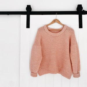 May include: A soft, pink knitted jumper with a round neckline and long sleeves. The jumper is hanging on a wooden hanger against a white wall.