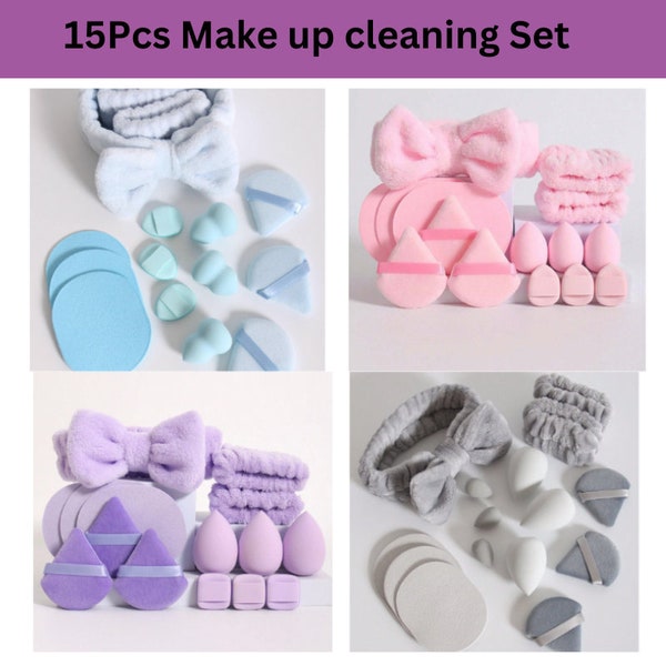 15Pcs Make up cleaning/ Application Set. Powder Puff, Head band and wrist band Bundle