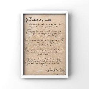 Inspiring Wall Art, Fitzgerald quote, For what it’s worth printable, it’s never too late, Benjamin button quote, printable poster pdf