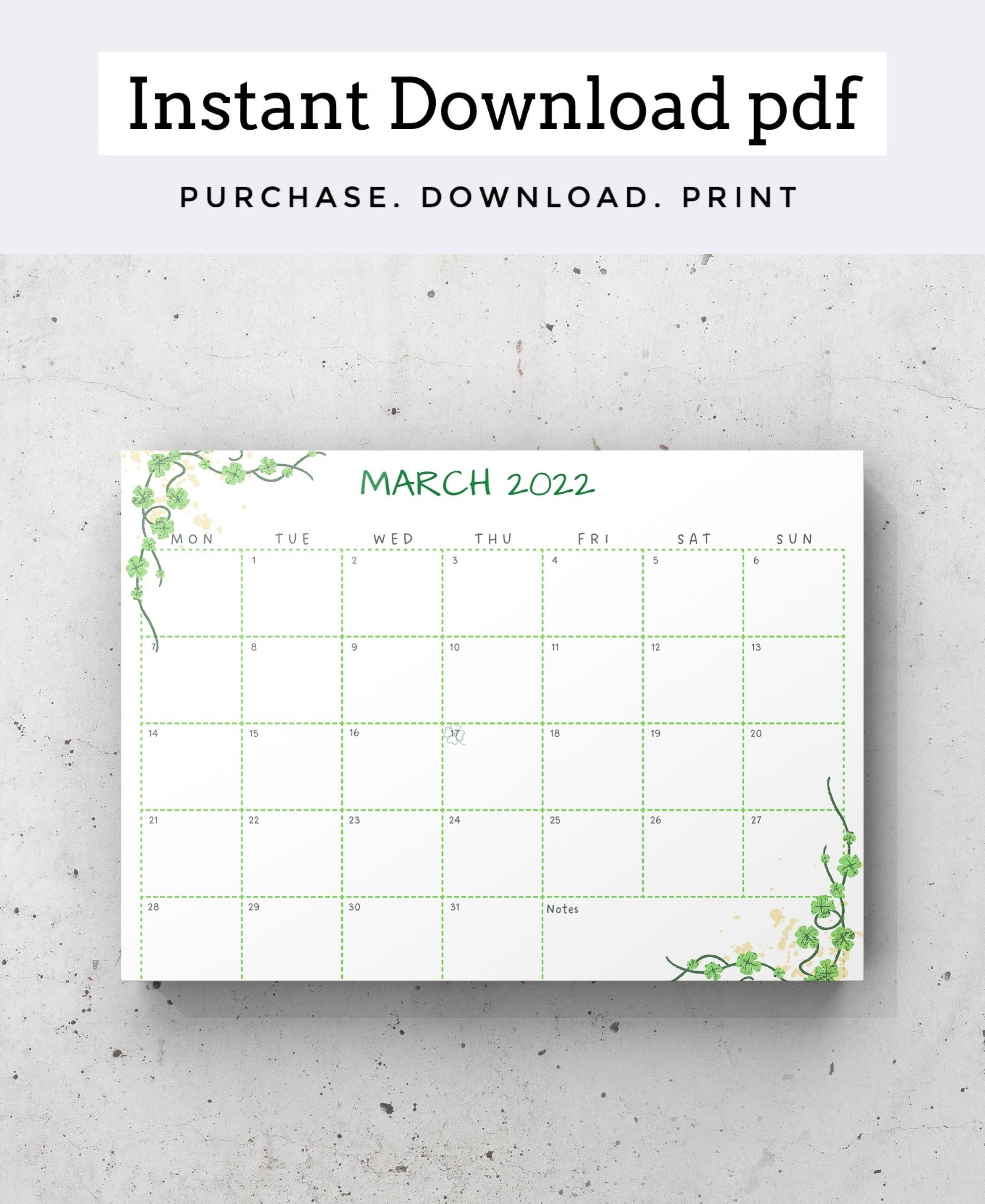 march printable calendar 2022 calendar pdf instant download etsy