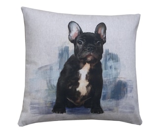 French bulldog digital print linen look Beige cushion cover throw pillow sham 17"