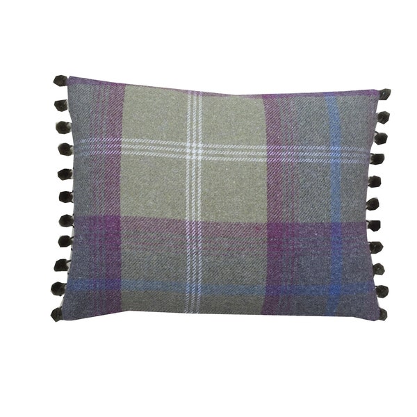 Extra large 24" x 24" Balmoral Pistachio pompom trim Tartan plaid tweed check Country cushion cover/sham Pillow case