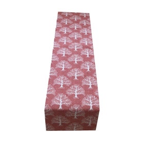 May include: A red table runner with a white tree pattern. The runner is made of a soft, woven fabric.