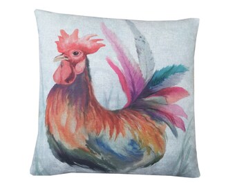 Country animals Cockrell Chicken Hen digital print linen look Beige cushion cover throw pillow sham 17"