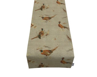 Pheasant Gamebird woodland Animals in linen Beige & Charcoal fully lined table / bed runner
