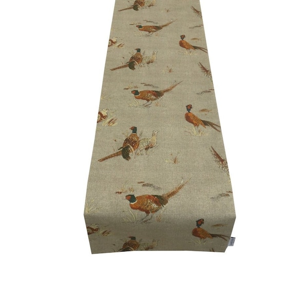 Pheasant Gamebird woodland Animals in linen Beige & Charcoal fully lined table / bed runner