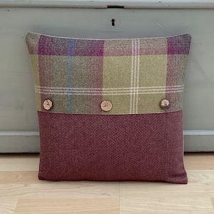 Balmoral Pistachio green heather cosy wool effect Tartan plaid tweed check coconut Button trim Country throw cushion cover/sham Pillowcase