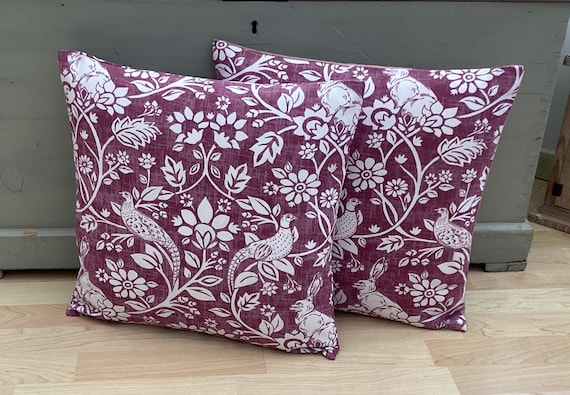 Complete Pair of 16 Heathland Hare Elderberry Wine Ivory Country Linen Home Accessories Luxury Feather Filled Throw Pillow cushions Etsy