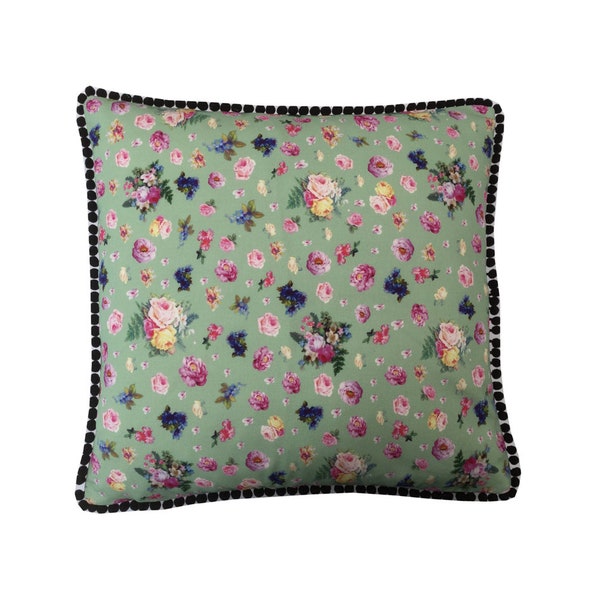 Quintessential English Green Country rose double sided Black pompom trim cushion cover/sham Pillow case Gift