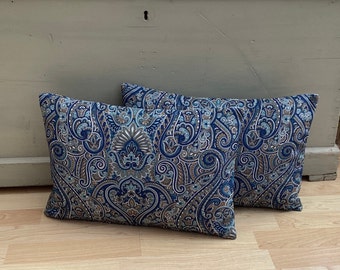 Paisley Indigo Blue Velvet Lumbar Pillows: Feather Filled, 16" x 12" Pair