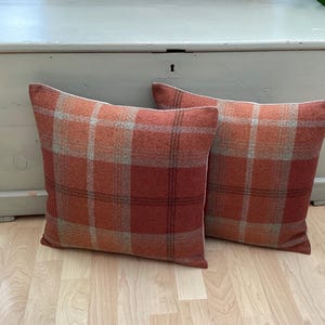 Complete pair of 16&quot; Balmoral Spice burnt orange wool effect Autumnal home accessories Tartan Luxury feather filled throw pillow/cushions