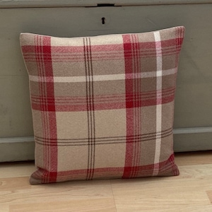 Double sided Extra Large 24&quot; Balmoral Cranberry red, beige wool effect Tartan plaid tweed check Country throw cushion cover/sham pillowcase