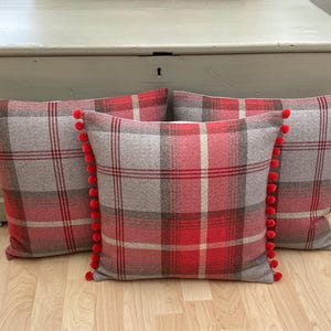 Set of 3 balmoral Cherry red and grey tartan tweed and pompom trim throw pillowcase/cushion covers country inspired home accessories 16&quot;