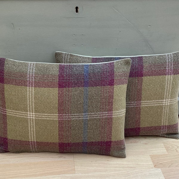 Complete pair of Balmoral Pistachio Sage Green Tartan Luxury feather filled Bolster Lumber pillow/cushions