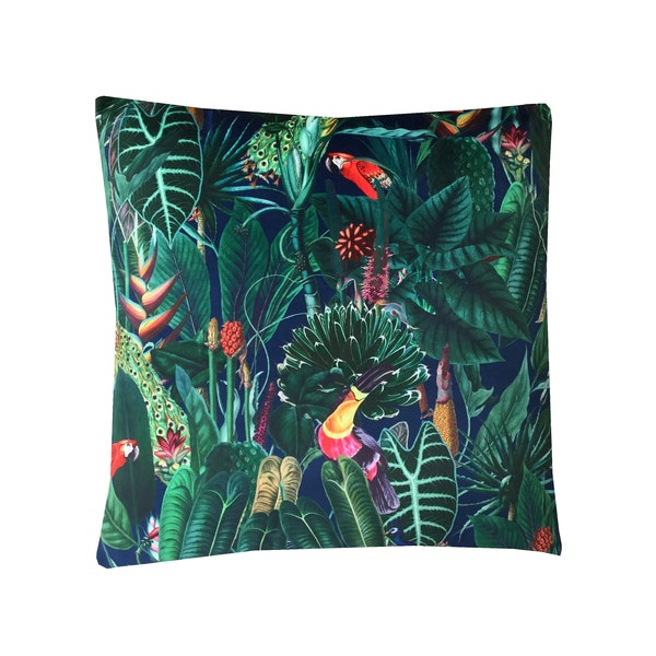 Exotic Tropical Velvet Navy blue rainforest reversible cushion cover/sham Pillow case 16"