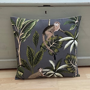 Tropical/jungle animals saimiri squirrel monkey palm Leaf botanical grey green, brown linen throw cushion cover/sham Pillowcase
