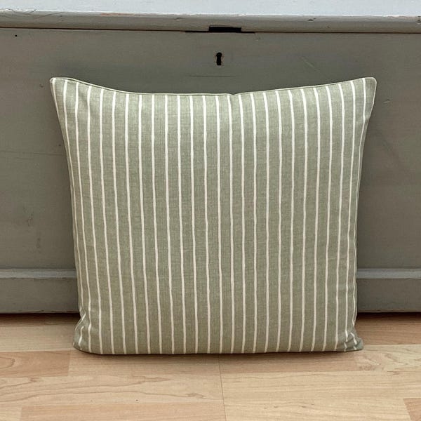 Extra-Large Sage Green Stripe Cushion Cover: Handmade Linen Pillow Sham