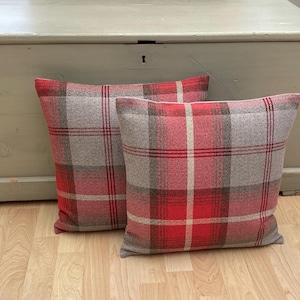 Complete pair of 16&quot; Balmoral Cherry red and grey wool effect Autumnal home accessories Tartan Luxury feather filled throw pillow/cushions
