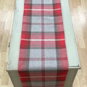 Handmade Balmoral Tartan Table Runner: Cherry Red and Grey Plaid Bed Scarf