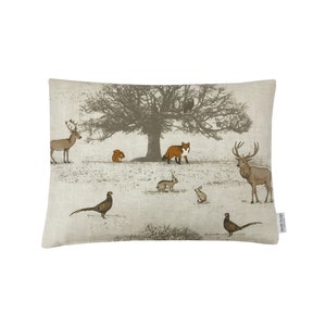 Handmade Country Cushion Cover - Linen Mix With Pheasant, Fox & Hare Design - Beige, Square, Zip Closure