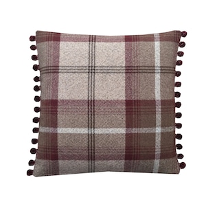 Extra-large 24&quot; Balmoral Mulberry wine beige pompom trim wool effect Tartan plaid tweed check Country cushion cover/sham pillowcase