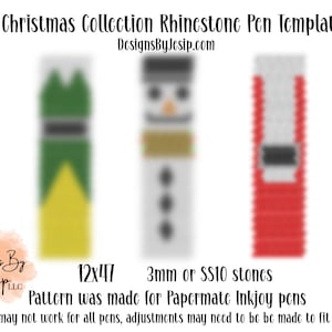May include: A digital template for creating Christmas-themed rhinestone pen designs. The template features three designs: a snowman, a Christmas tree, and a Santa hat. The template is designed for use with 3mm or SS10 size rhinestones and Papermate Inkjoy pens. The text "12x47" and "3mm or SS10 stones" is visible in the image.