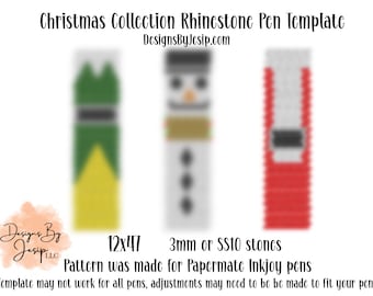 May include: A digital template for creating Christmas-themed rhinestone pen designs. The template features three designs: a snowman, a Christmas tree, and a Santa hat. The template is designed for use with 3mm or SS10 size rhinestones and Papermate Inkjoy pens. The text "12x47" and "3mm or SS10 stones" is visible in the image.
