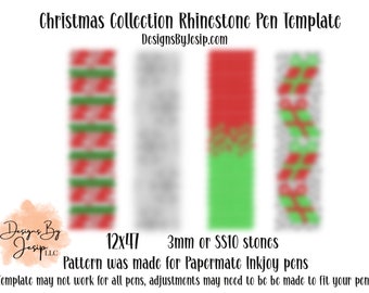 May include: A digital template for creating a Christmas-themed rhinestone pen. The template features three different designs with red, green, and white colors. The template is designed for Papermate Inkjoy pens and uses 3mm or SS10 size rhinestones. The text "12x47" is visible in the image.