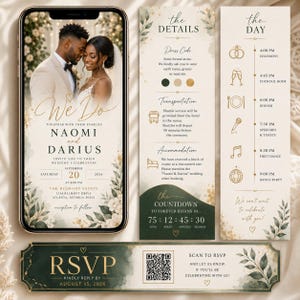 Peut inclure: Ensemble de faire-part de mariage élégant avec photo de couple sur smartphone, carte RSVP et itinéraire. Le design comprend des accents dorés et des éléments botaniques. L'invitation comprend les noms Naomi et Darius, la date et le lieu.
