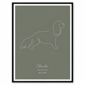 Peut inclure: Une affiche encadrée présentant un dessin au trait blanc d'un chien sur un fond vert sauge. Sous le chien, le texte indique : Charlie, Our best friend, Since 2012. L'affiche est entourée d'un cadre noir fin avec une bordure blanche.