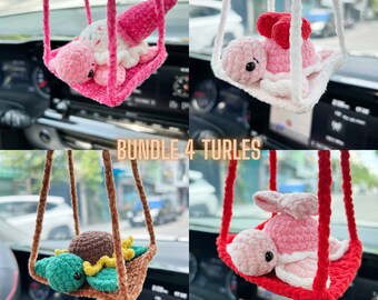 Turtle Crochet Pattern Bundle, Car Charm PDF, Bowtie, Sunflower, Heart, Pink Ice Cream Design, Hanging Turtle Decor Patterns