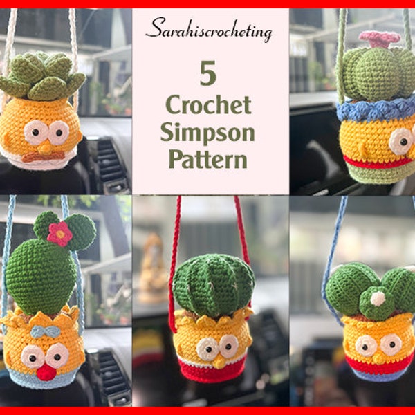 Crochet Yellow Family Plants Pot pattern bundle 5 in 1, Car Accessories Amigurumi Crochet, Handmade Crochet Gift for Car