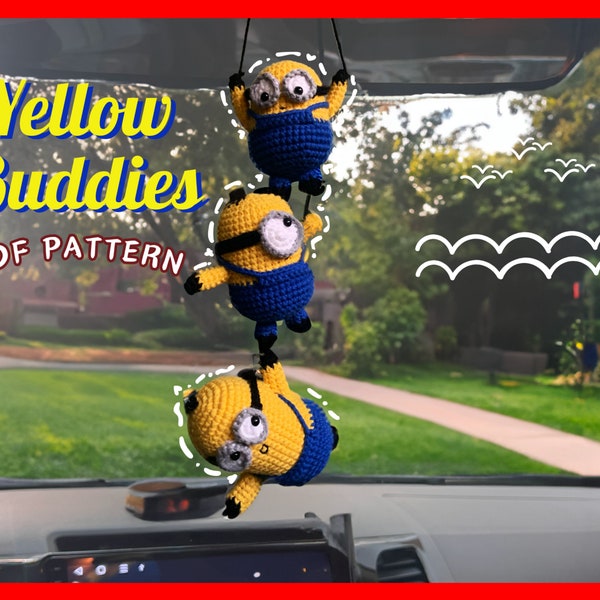 Yellow Buddies Patrón de ganchillo colgante para coche, Espejo retrovisor de coche, Encanto de coche PDF, Accesorios para coche Amigurumi Crochet, Regalo de ganchillo hecho a mano