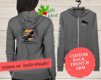Custom Equestrian Team Sweatshirt Zip Hoodie Jacket, Horse Team Gear, Gifts for Horse Girls and Horse Owners, Personalized Horse, HorseDigs