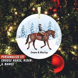 Personalized Horse Christmas Ornament, Ceramic Horse Ornament with Customizable Horse, Rider & Names, HorseDigs Unique Gift for Horse Owner