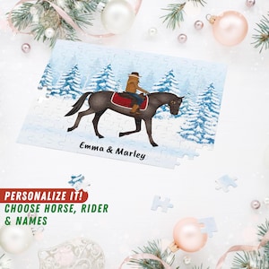 Uniek vakantiepaardpuzzelcadeau voor paardenliefhebbers, gepersonaliseerde ruiterpuzzel, kies het paard, de ruiter en de namen, HorseDigs