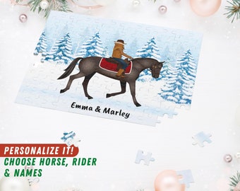 Regalo único de rompecabezas de caballos navideños para los amantes de los caballos, rompecabezas personalizado de jinetes, elija el caballo, el jinete y los nombres, HorseDigs