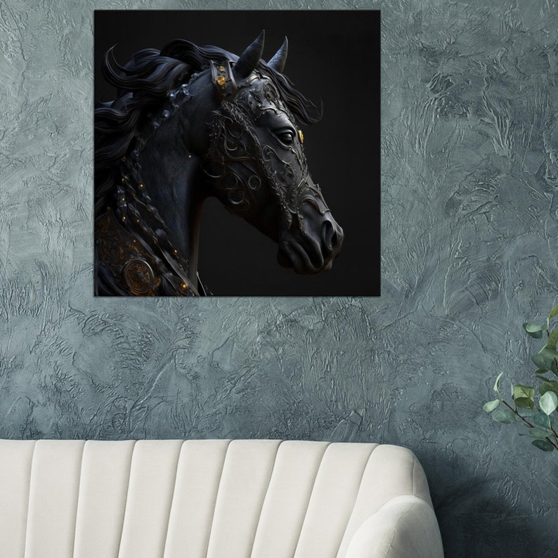 Majestic Fantasy Black Horse Canvas Wall Art, Horse Wall Decor, Colorful Canvas Art, Close up