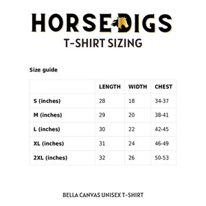 May include: T-shirt sizing chart for Bella Canvas unisex t-shirts. The chart shows the length, width, and chest measurements in inches for sizes S, M, L, XL, and 2XL.