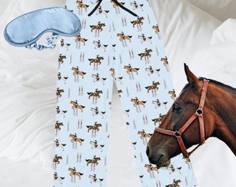 Preppy Pajamas | Kolorowe swetry - Damskie spodnie piżamowe z motywem koni, świąteczny prezent piżamowy dla miłośników koni, mamy koni, HorseDigs