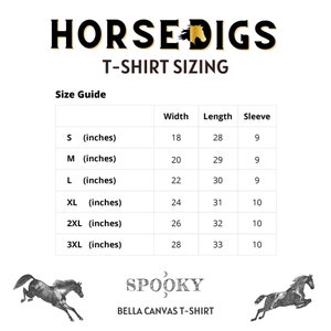 May include: T-shirt sizing chart with measurements in inches for sizes S, M, L, XL, 2XL, and 3XL. The chart shows the width, length, and sleeve length of each size.