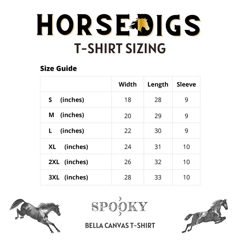 May include: T-shirt sizing chart with measurements in inches for sizes S, M, L, XL, 2XL, and 3XL. The chart shows the width, length, and sleeve length of each size.