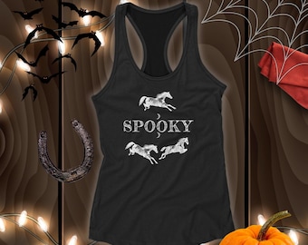 Halloween Spooky Racerback-tanktop voor dames | Halloween paard tanktop | Halloweencadeau voor paardenliefhebbers | Paardrijden | Paardenmama | Paarden
