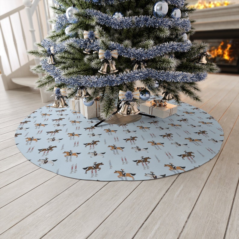 Jumping Horse Christmas Tree Skirt in Light Blue, Festive Xmas Gift for
